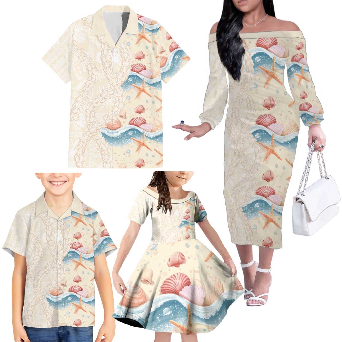Beige Hawaii Lei Seashells Starfish Family Matching Off The Shoulder Long Sleeve Dress and Hawaiian Shirt Sandy Sylized - Polynesian Pride