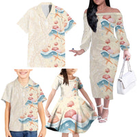 Beige Hawaii Lei Seashells Starfish Family Matching Off The Shoulder Long Sleeve Dress and Hawaiian Shirt Sandy Sylized - Polynesian Pride