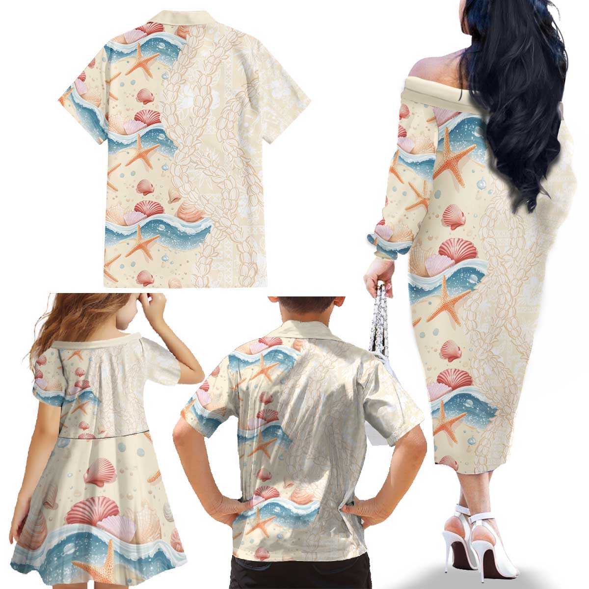 Beige Hawaii Lei Seashells Starfish Family Matching Off The Shoulder Long Sleeve Dress and Hawaiian Shirt Sandy Sylized - Polynesian Pride