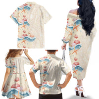 Beige Hawaii Lei Seashells Starfish Family Matching Off The Shoulder Long Sleeve Dress and Hawaiian Shirt Sandy Sylized - Polynesian Pride