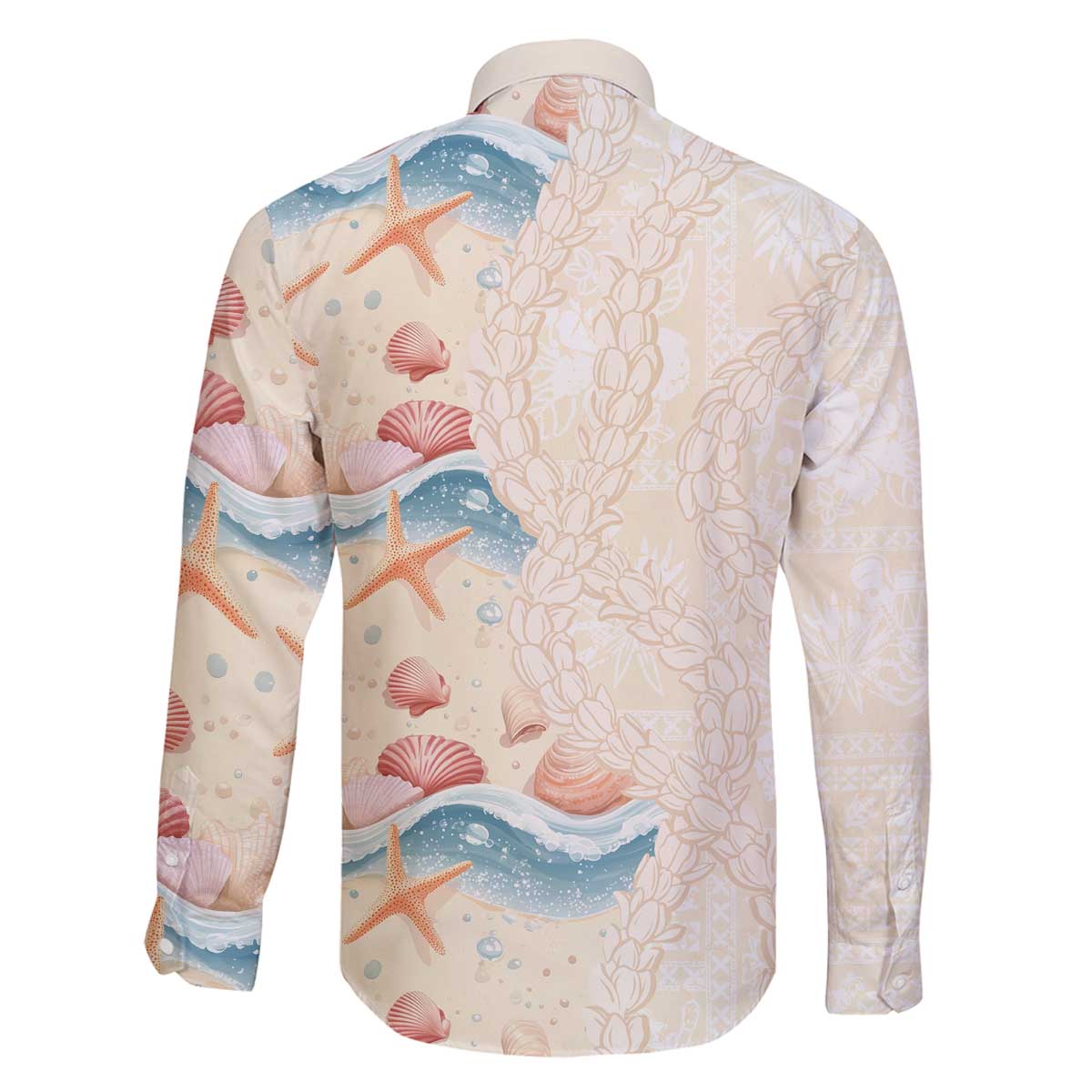 Beige Hawaii Lei Seashells Starfish Family Matching Off The Shoulder Long Sleeve Dress and Hawaiian Shirt Sandy Sylized - Polynesian Pride