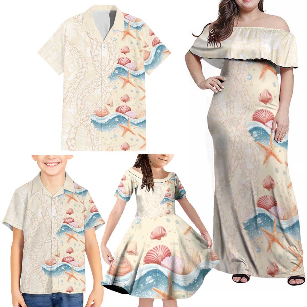 Beige Hawaii Lei Seashells Starfish Family Matching Off Shoulder Maxi Dress and Hawaiian Shirt Sandy Sylized - Polynesian Pride