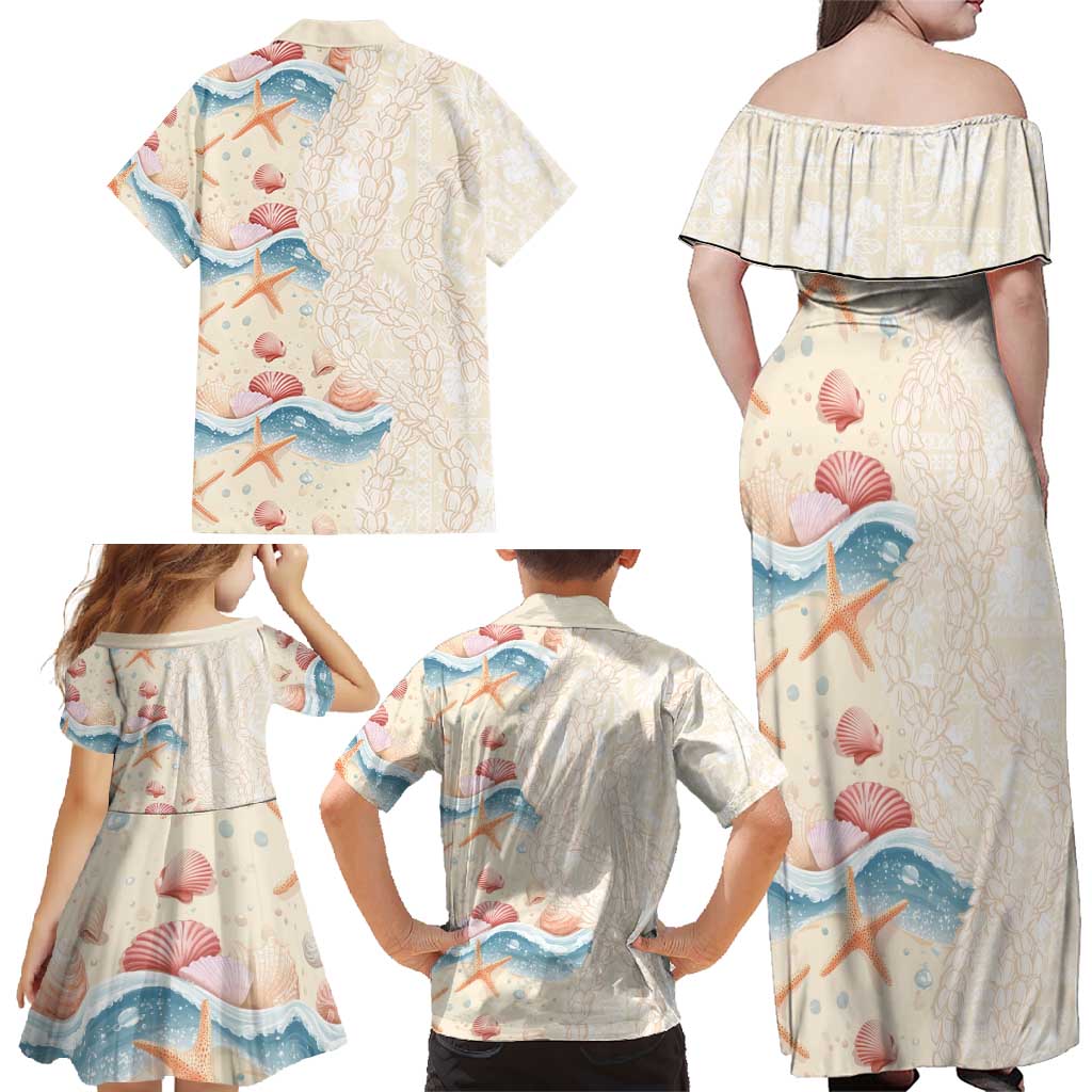 Beige Hawaii Lei Seashells Starfish Family Matching Off Shoulder Maxi Dress and Hawaiian Shirt Sandy Sylized - Polynesian Pride