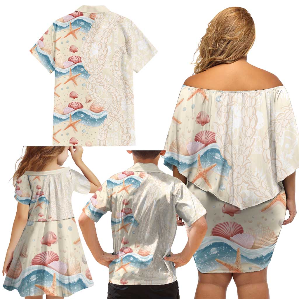 Beige Hawaii Lei Seashells Starfish Family Matching Off Shoulder Short Dress and Hawaiian Shirt Sandy Sylized - Polynesian Pride