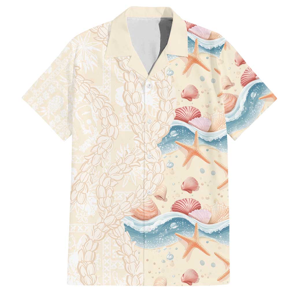 Beige Hawaii Lei Seashells Starfish Family Matching Off Shoulder Short Dress and Hawaiian Shirt Sandy Sylized - Polynesian Pride