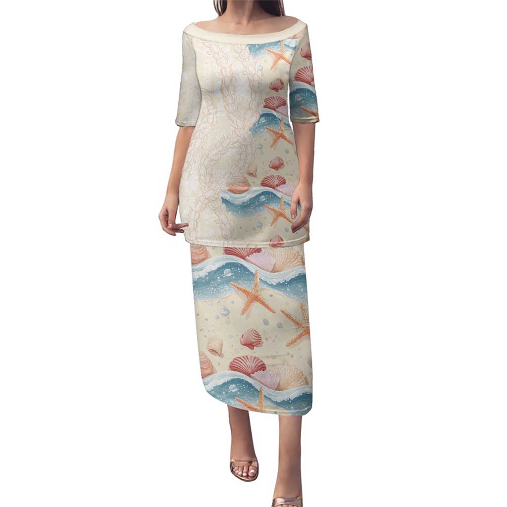 Beige Hawaii Lei Seashells Starfish Family Matching Puletasi and Hawaiian Shirt Sandy Sylized - Polynesian Pride