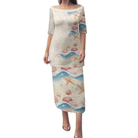 Beige Hawaii Lei Seashells Starfish Family Matching Puletasi and Hawaiian Shirt Sandy Sylized - Polynesian Pride