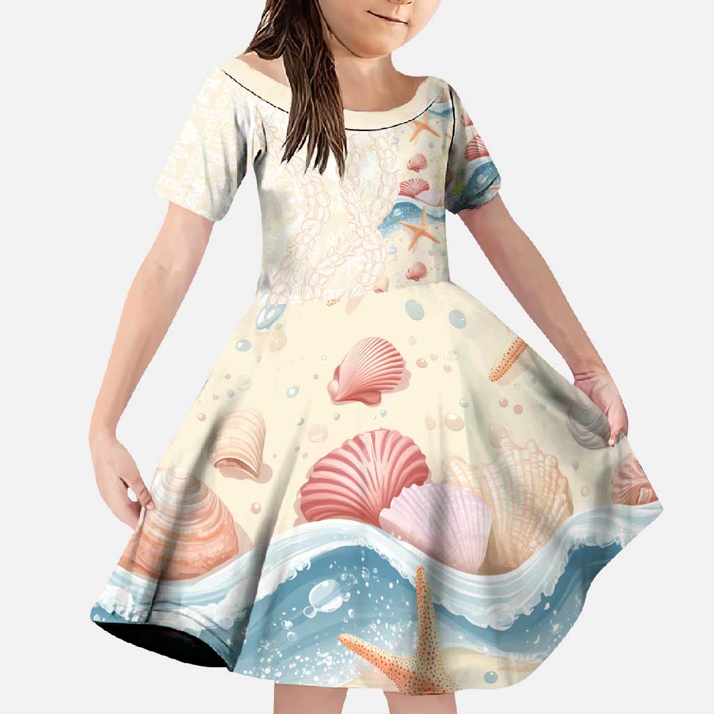 Beige Hawaii Lei Seashells Starfish Family Matching Short Sleeve Bodycon Dress and Hawaiian Shirt Sandy Sylized - Polynesian Pride