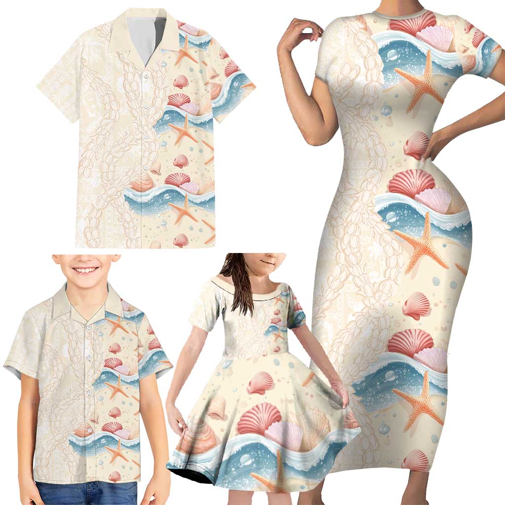 Beige Hawaii Lei Seashells Starfish Family Matching Short Sleeve Bodycon Dress and Hawaiian Shirt Sandy Sylized - Polynesian Pride