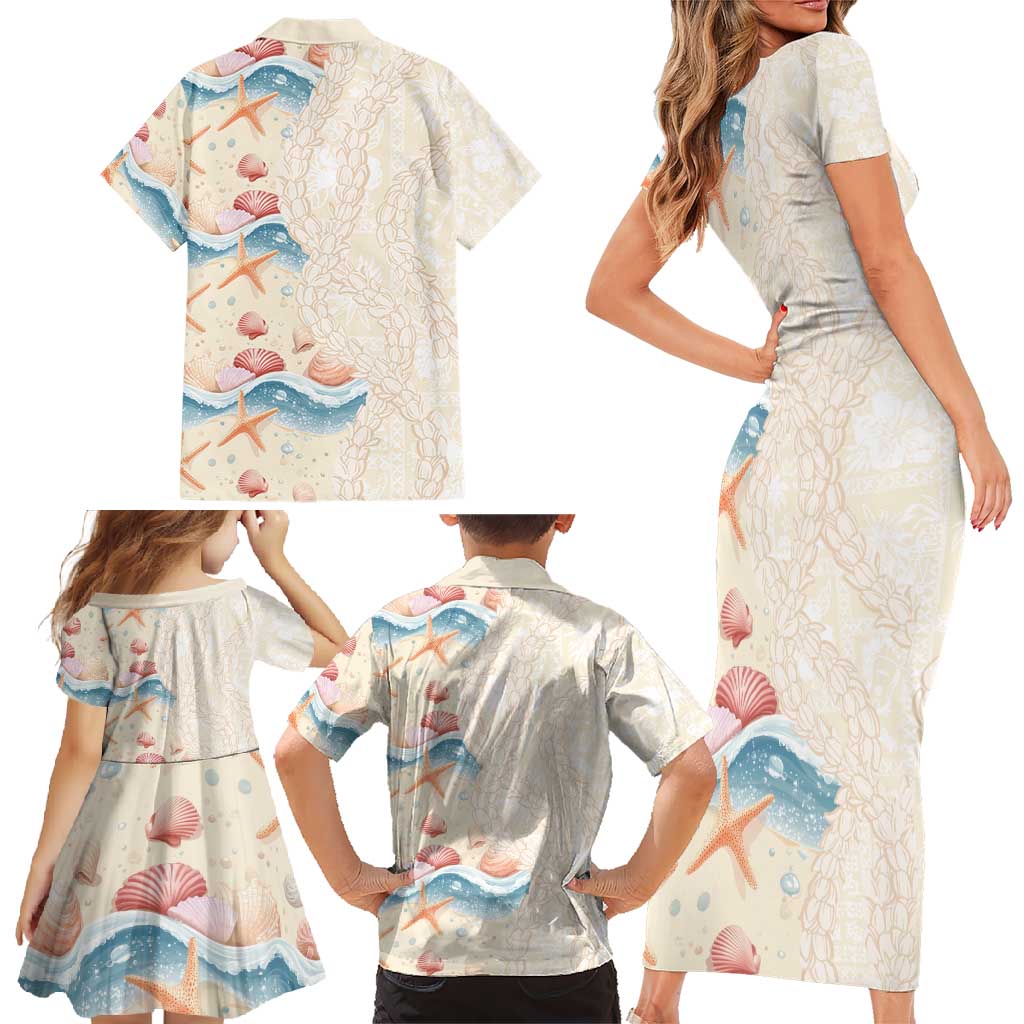 Beige Hawaii Lei Seashells Starfish Family Matching Short Sleeve Bodycon Dress and Hawaiian Shirt Sandy Sylized - Polynesian Pride