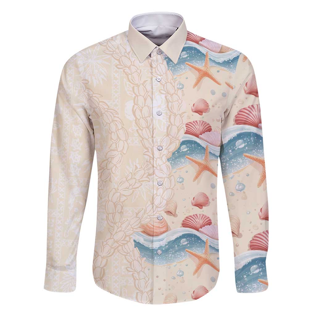 Beige Hawaii Lei Seashells Starfish Family Matching Short Sleeve Bodycon Dress and Hawaiian Shirt Sandy Sylized - Polynesian Pride