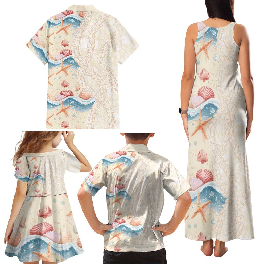 Beige Hawaii Lei Seashells Starfish Family Matching Tank Maxi Dress and Hawaiian Shirt Sandy Sylized - Polynesian Pride