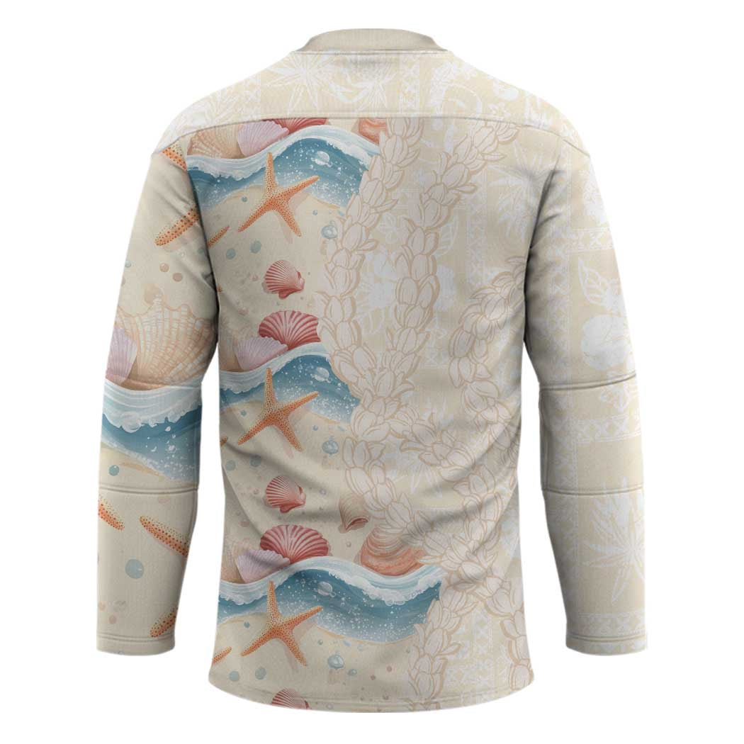 Beige Hawaii Lei Seashells Starfish Hockey Jersey Sandy Sylized - Polynesian Pride