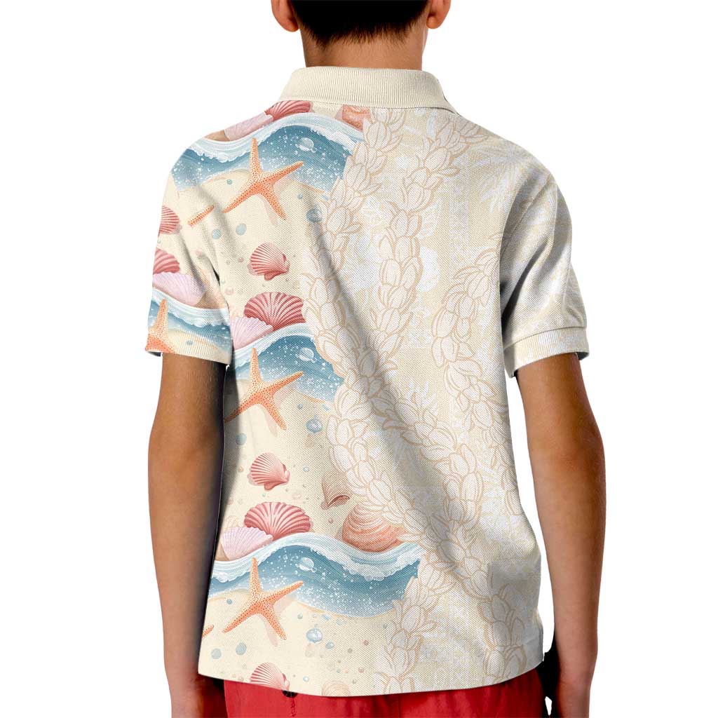 Beige Hawaii Lei Seashells Starfish Kid Polo Shirt Sandy Sylized - Polynesian Pride