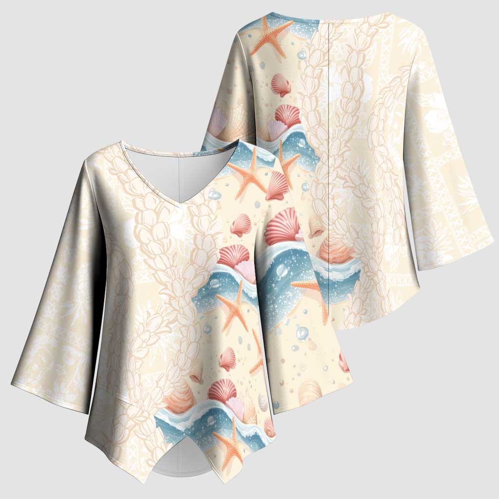 Beige Hawaii Lei Seashells Starfish Kimono Sleeve Blouse Sandy Sylized - Polynesian Pride