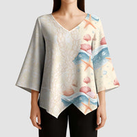 Beige Hawaii Lei Seashells Starfish Kimono Sleeve Blouse Sandy Sylized - Polynesian Pride