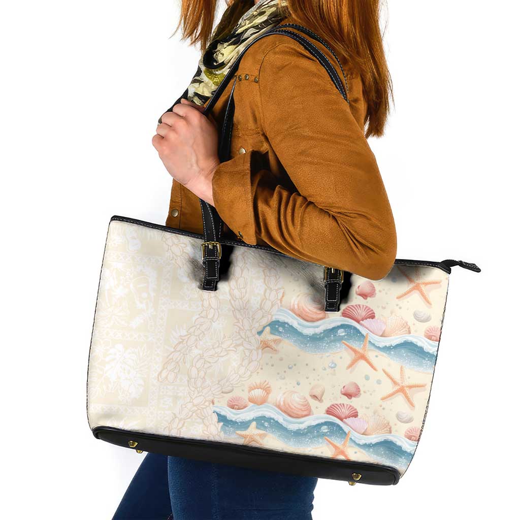 Beige Hawaii Lei Seashells Starfish Leather Tote Bag Sandy Sylized - Polynesian Pride