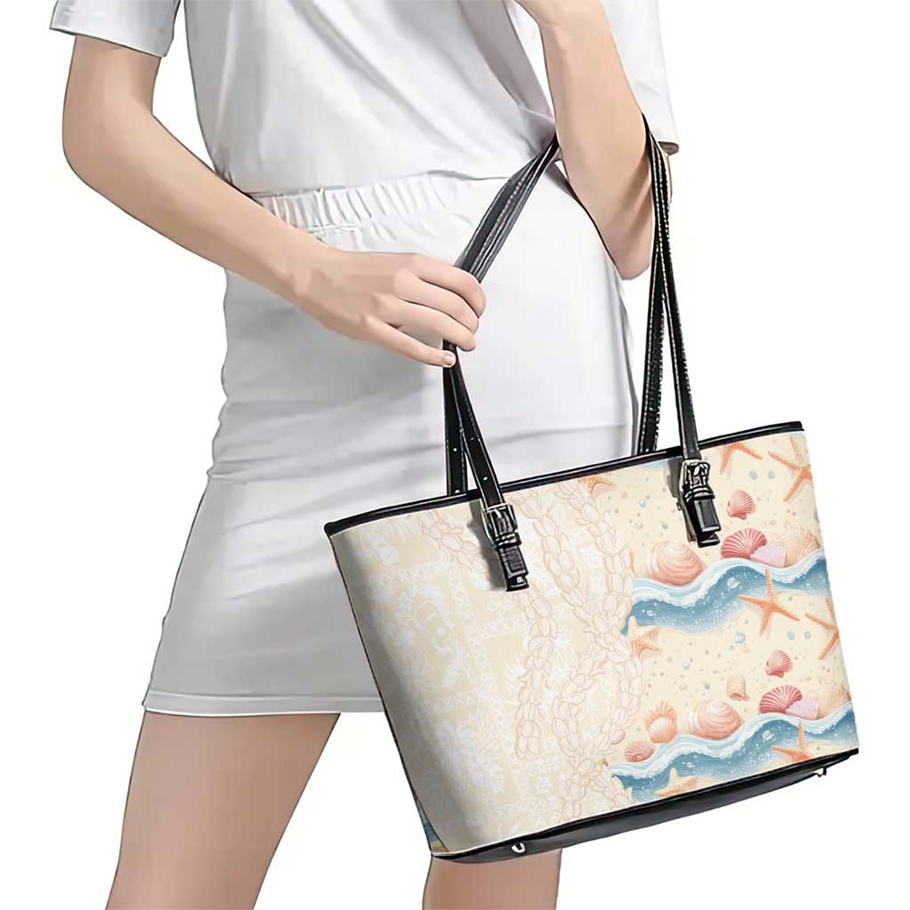 Beige Hawaii Lei Seashells Starfish Leather Tote Bag Sandy Sylized - Polynesian Pride