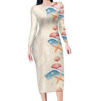 Beige Hawaii Lei Seashells Starfish Long Sleeve Bodycon Dress Sandy Sylized - Polynesian Pride