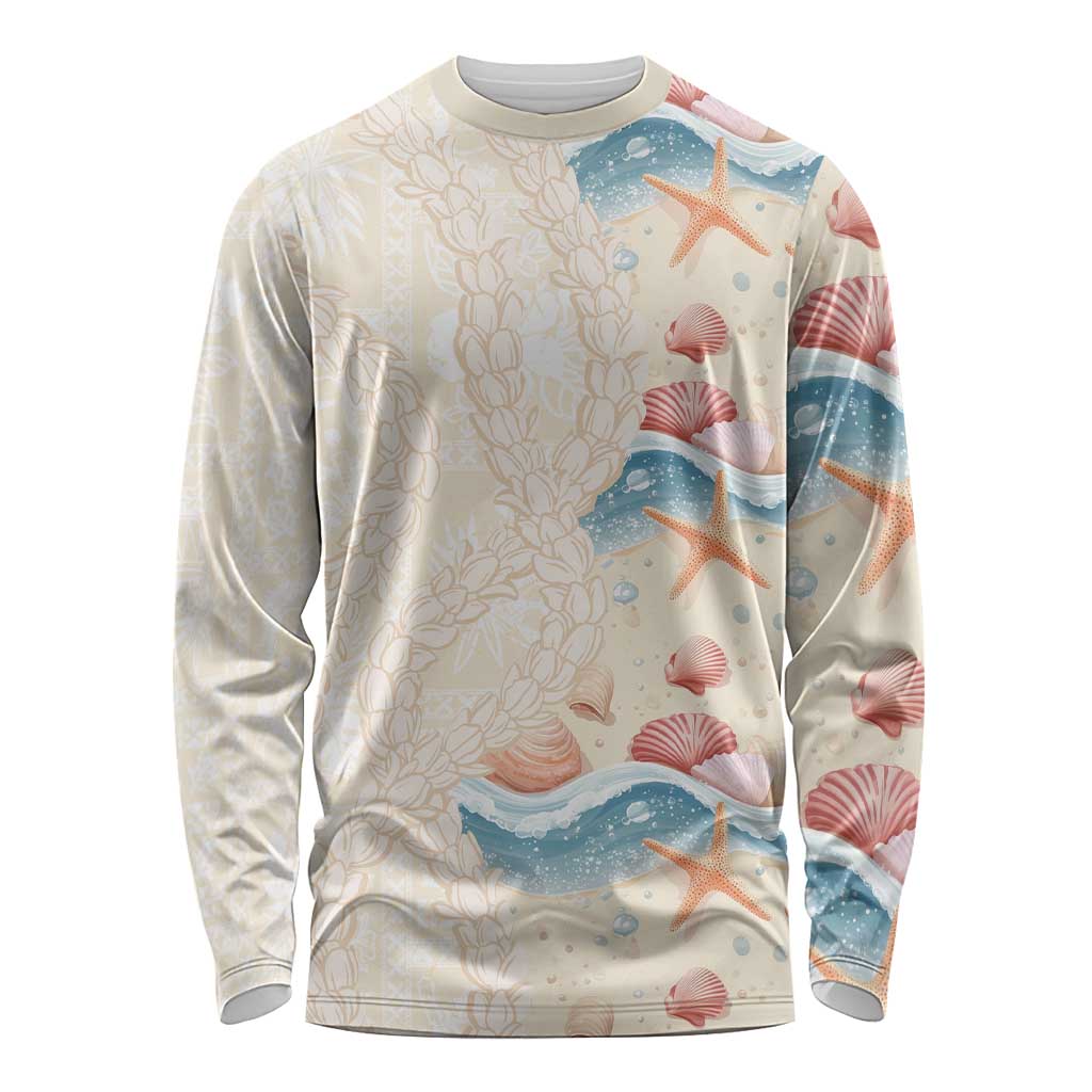 Beige Hawaii Lei Seashells Starfish Long Sleeve Shirt Sandy Sylized - Polynesian Pride