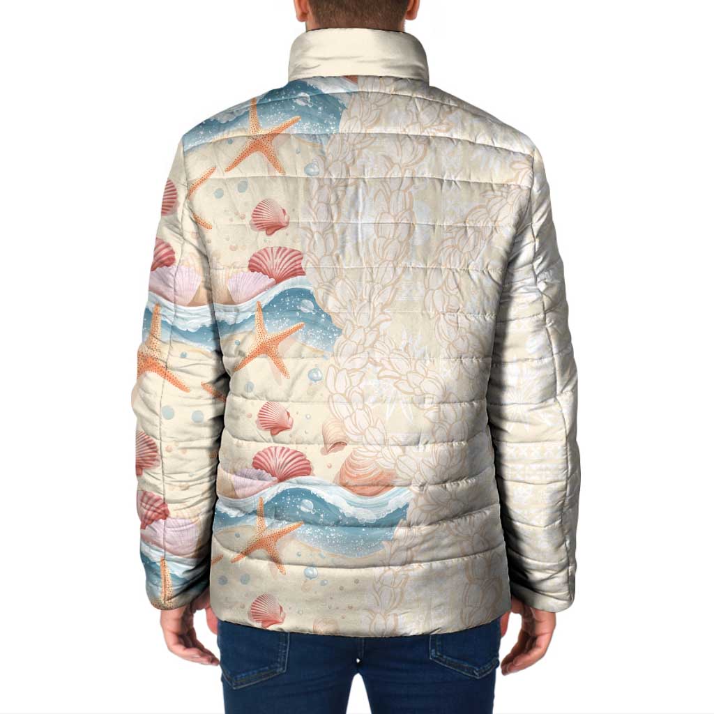 Beige Hawaii Lei Seashells Starfish Padded Jacket Sandy Sylized - Polynesian Pride