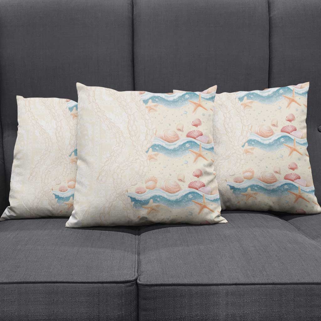 Beige Hawaii Lei Seashells Starfish Pillow Cover Sandy Sylized - Polynesian Pride