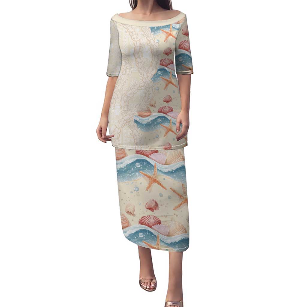 Beige Hawaii Lei Seashells Starfish Puletasi Sandy Sylized - Polynesian Pride