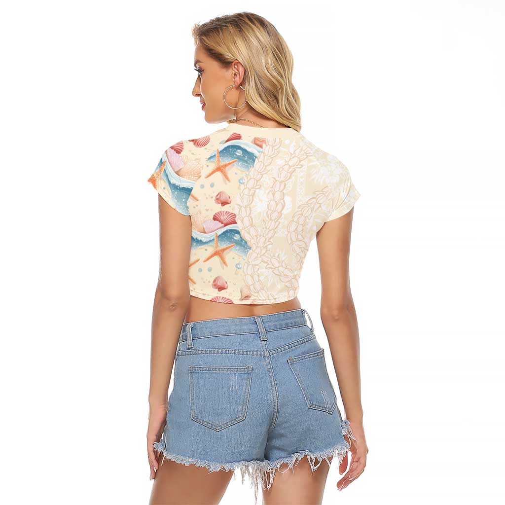 Beige Hawaii Lei Seashells Starfish Raglan Cropped T Shirt Sandy Sylized - Polynesian Pride