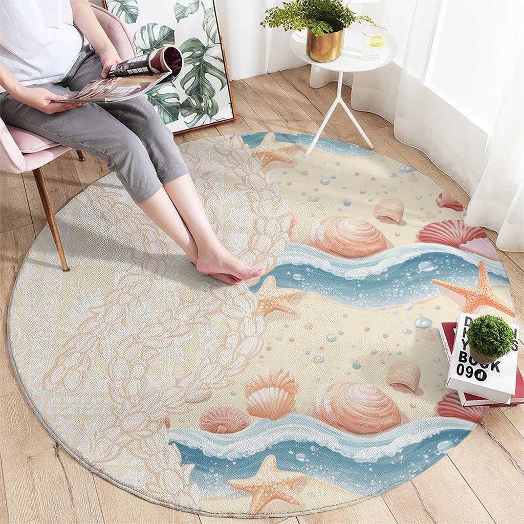 Beige Hawaii Lei Seashells Starfish Round Carpet Sandy Sylized LT01 - Polynesian Pride