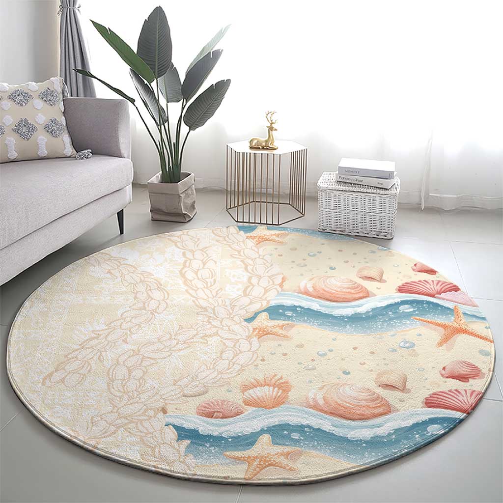 Beige Hawaii Lei Seashells Starfish Round Carpet Sandy Sylized LT01 - Polynesian Pride