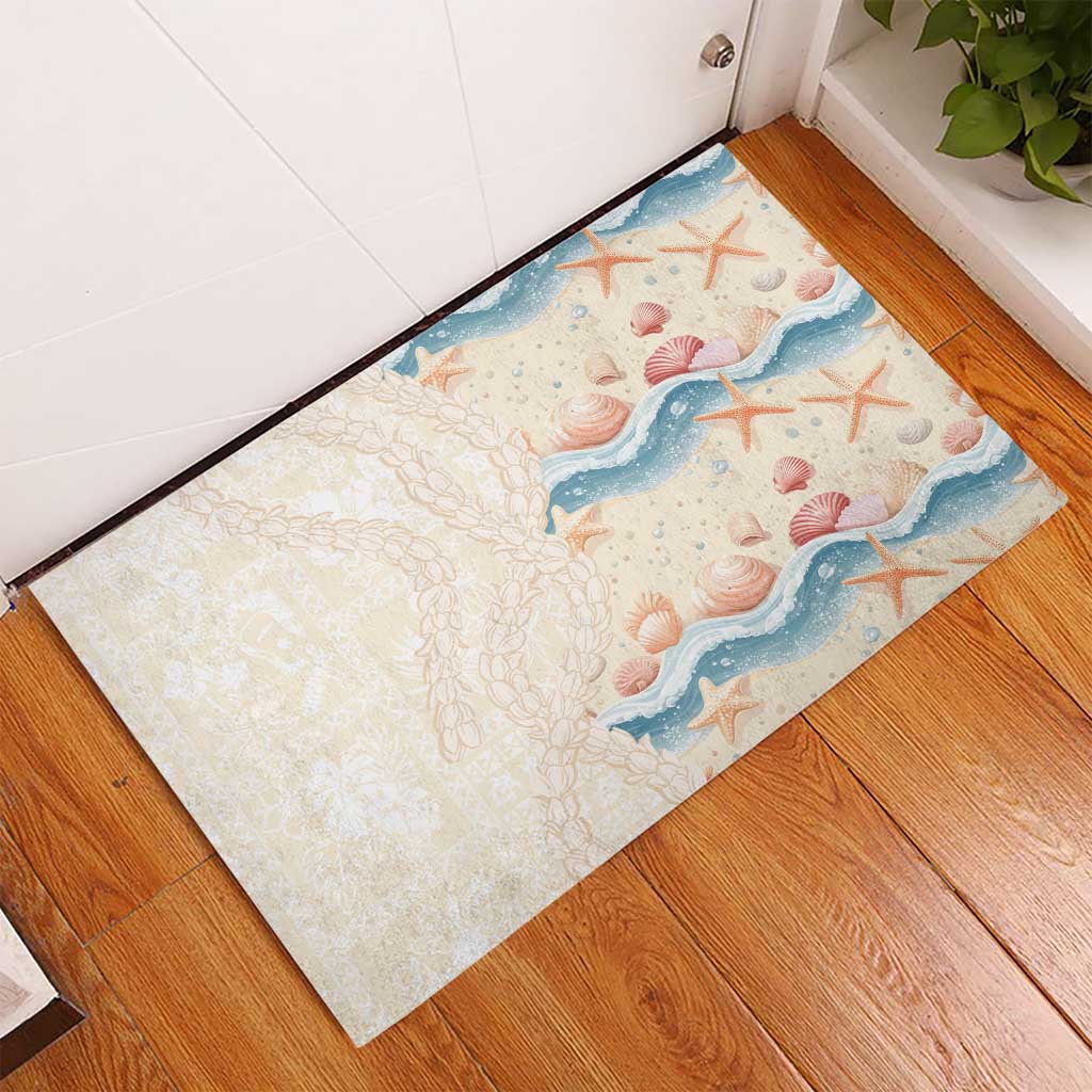 Beige Hawaii Lei Seashells Starfish Rubber Doormat Sandy Sylized - Polynesian Pride