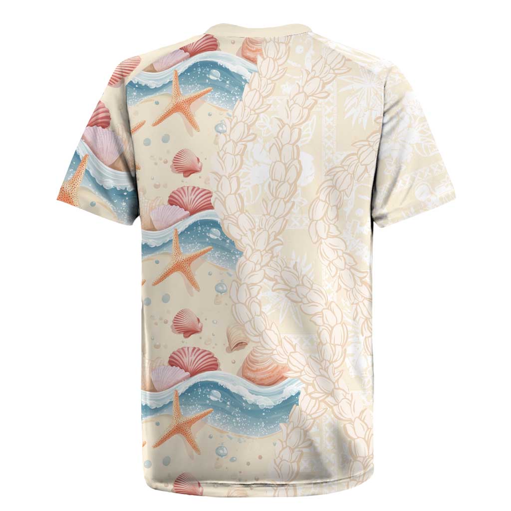 Beige Hawaii Lei Seashells Starfish Rugby Jersey Sandy Sylized - Polynesian Pride