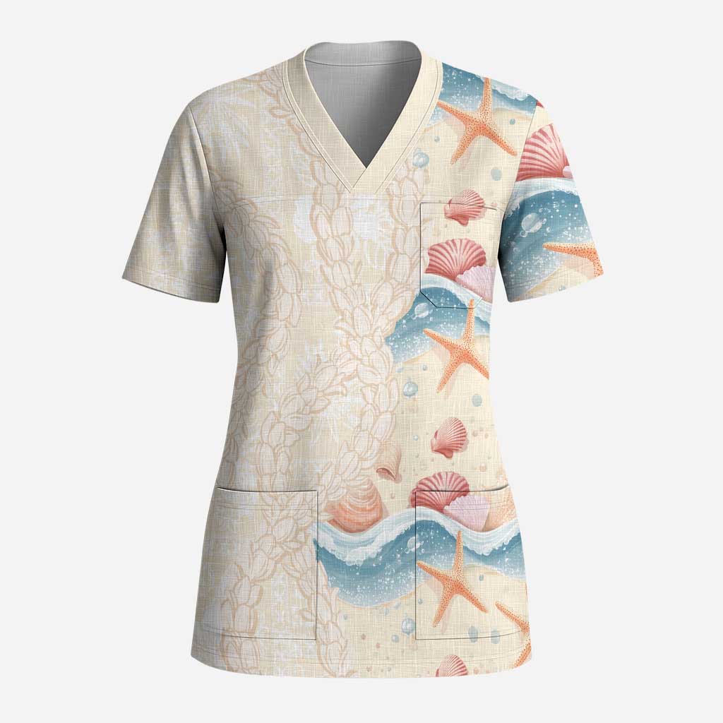 Beige Hawaii Lei Seashells Starfish Scrub Top Sandy Sylized - Polynesian Pride