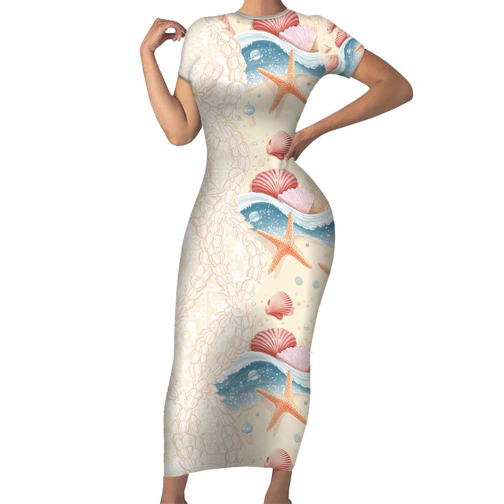 Beige Hawaii Lei Seashells Starfish Short Sleeve Bodycon Dress Sandy Sylized - Polynesian Pride