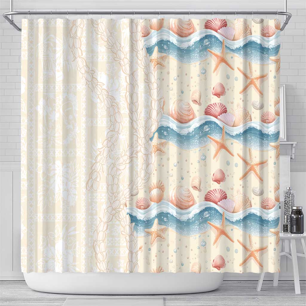 Beige Hawaii Lei Seashells Starfish Shower Curtain Sandy Sylized - Polynesian Pride