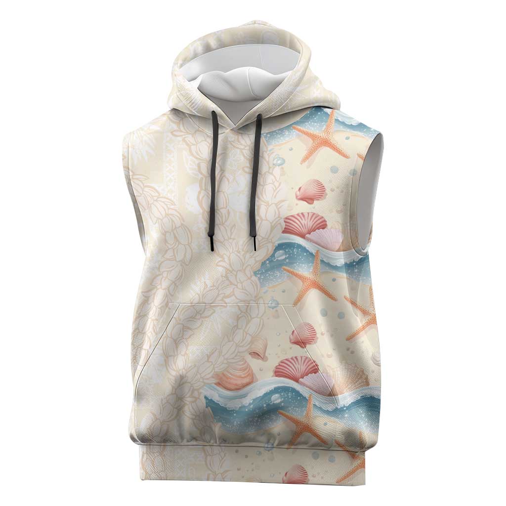 Beige Hawaii Lei Seashells Starfish Sleeveless Hoodie Sandy Sylized - Polynesian Pride