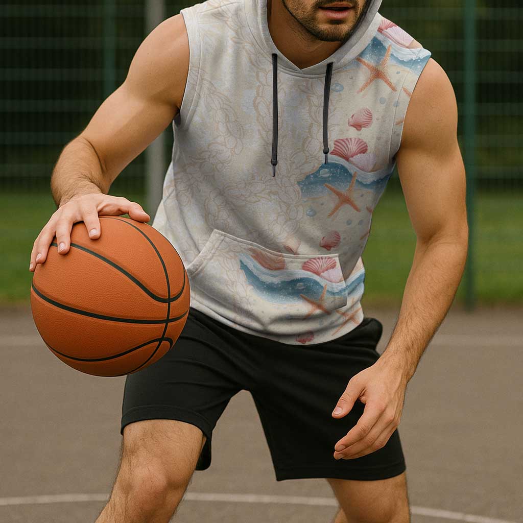 Beige Hawaii Lei Seashells Starfish Sleeveless Hoodie Sandy Sylized - Polynesian Pride