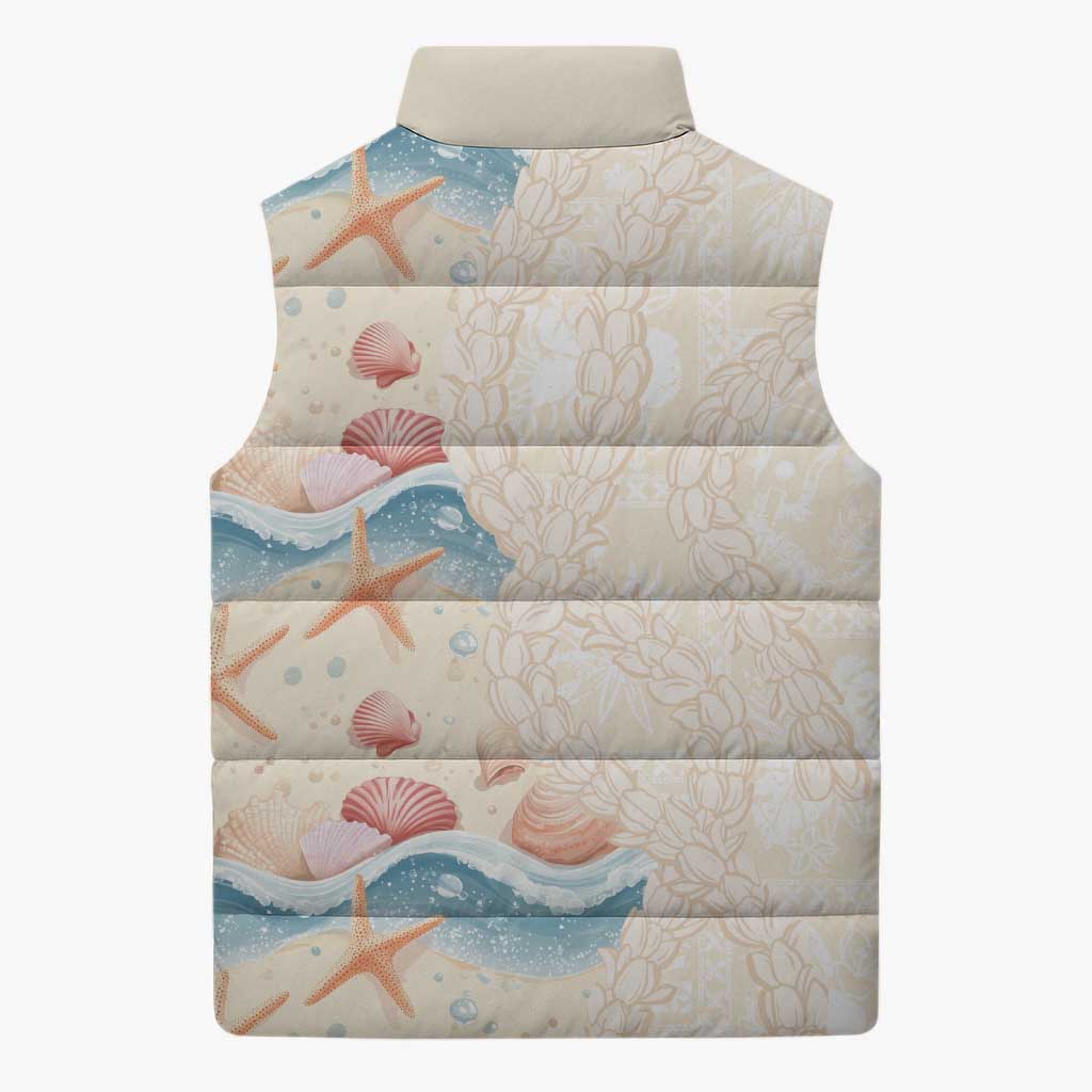 Beige Hawaii Lei Seashells Starfish Sleeveless Puffer Jacket Sandy Sylized - Polynesian Pride