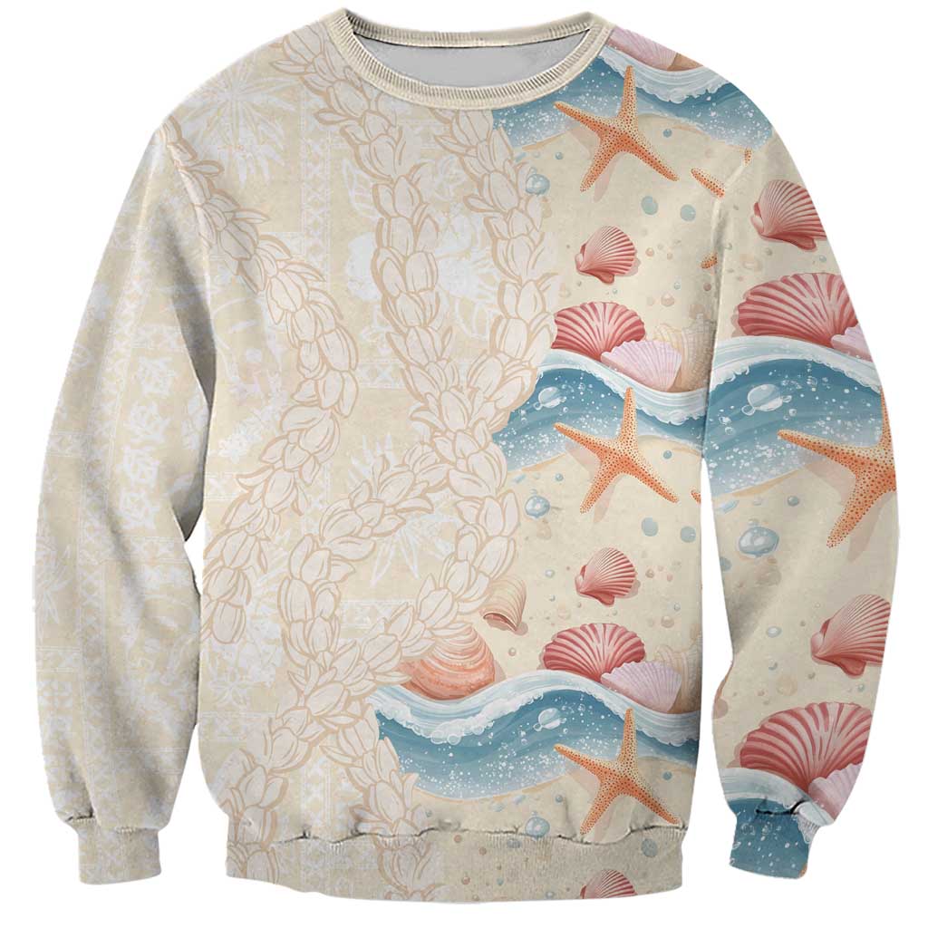 Beige Hawaii Lei Seashells Starfish Sweatshirt Sandy Sylized - Polynesian Pride