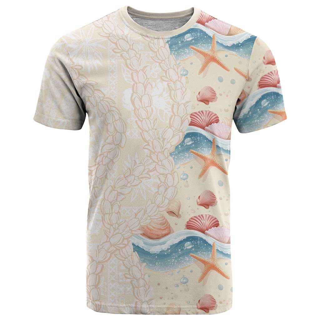 Beige Hawaii Lei Seashells Starfish T Shirt Sandy Sylized - Polynesian Pride