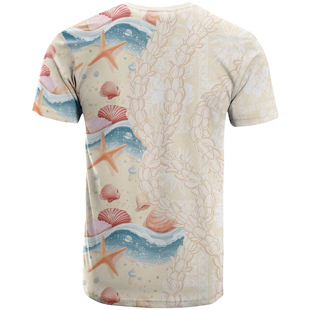 Beige Hawaii Lei Seashells Starfish T Shirt Sandy Sylized - Polynesian Pride