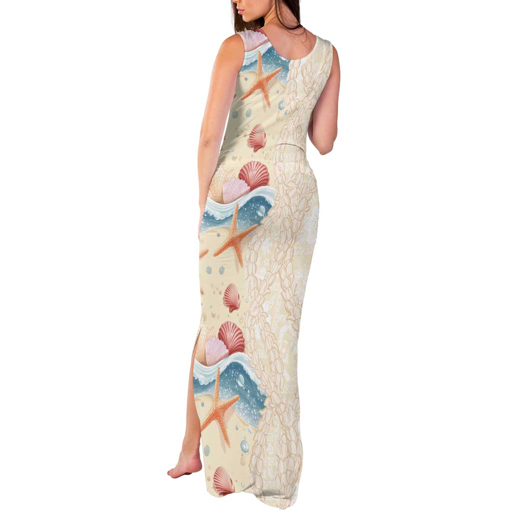 Beige Hawaii Lei Seashells Starfish Tank Maxi Dress Sandy Sylized - Polynesian Pride
