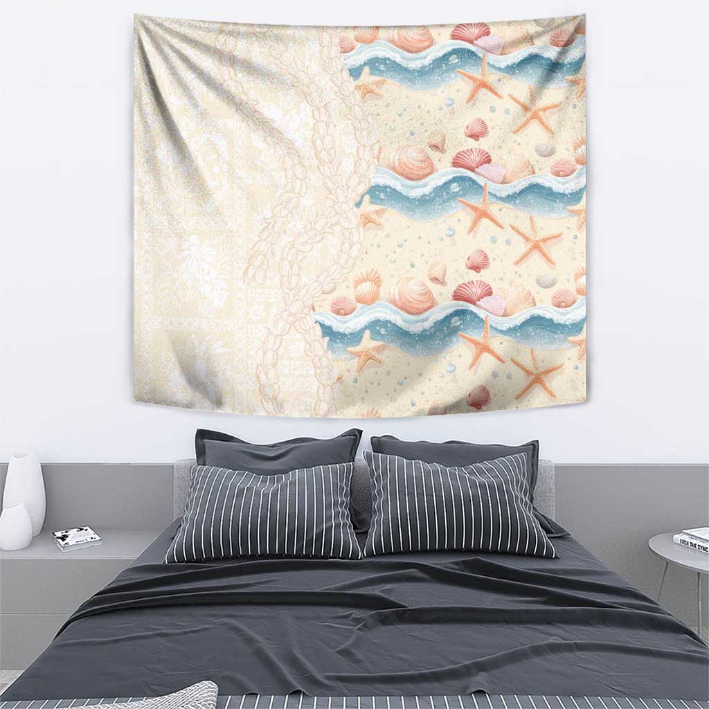 Beige Hawaii Lei Seashells Starfish Tapestry Sandy Sylized - Polynesian Pride