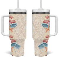 Beige Hawaii Lei Seashells Starfish Tumbler With Handle Sandy Sylized - Polynesian Pride