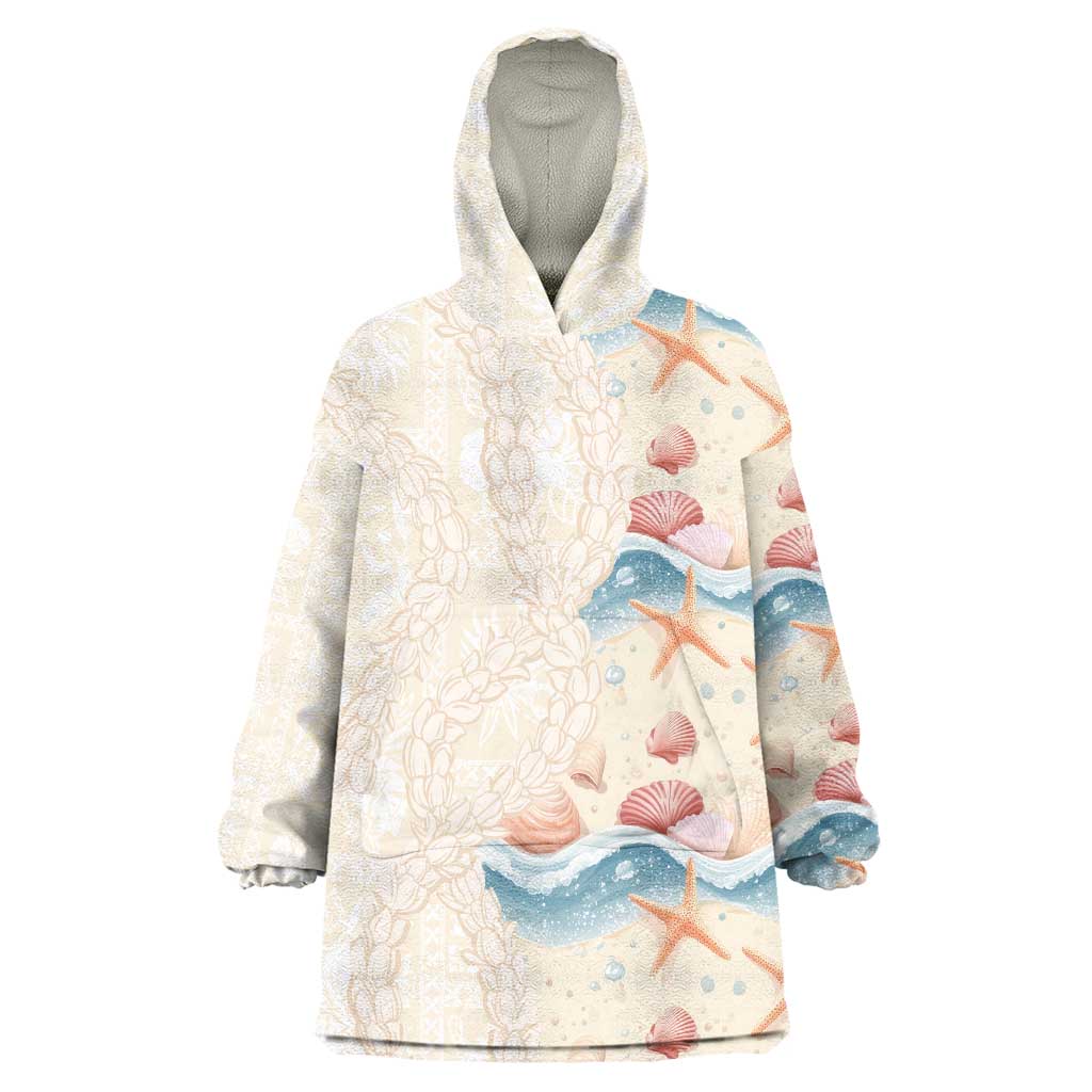 Beige Hawaii Lei Seashells Starfish Wearable Blanket Hoodie Sandy Sylized - Polynesian Pride