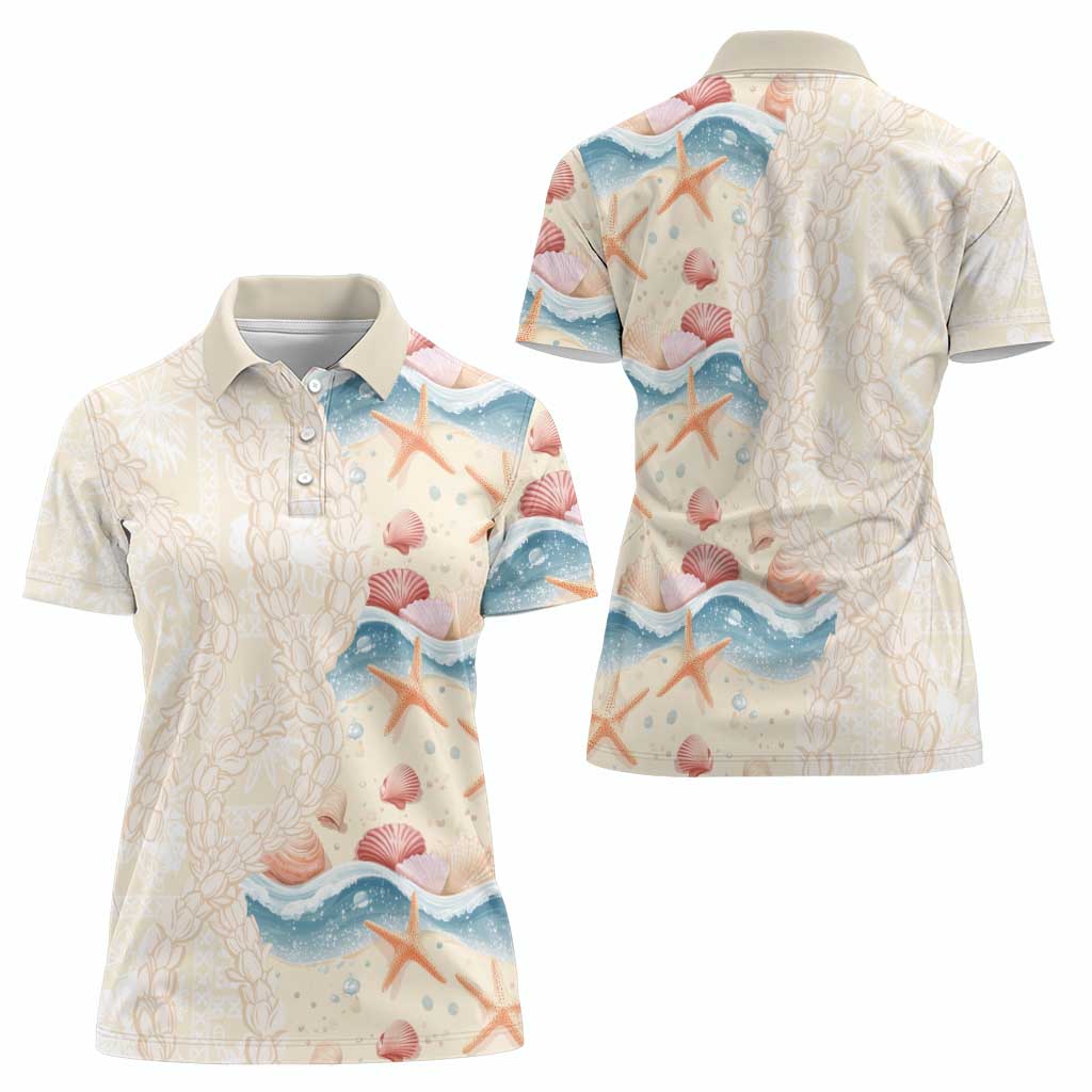 Beige Hawaii Lei Seashells Starfish Women Polo Shirt Sandy Sylized - Polynesian Pride
