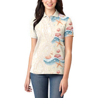 Beige Hawaii Lei Seashells Starfish Women Polo Shirt Sandy Sylized - Polynesian Pride