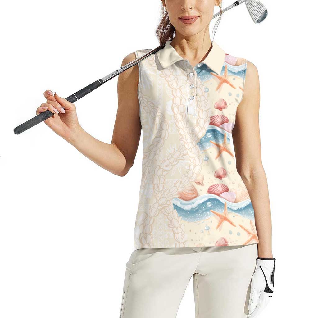 Beige Hawaii Lei Seashells Starfish Women Sleeveless Polo Shirt Sandy Sylized - Polynesian Pride