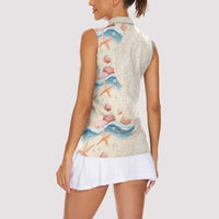 Beige Hawaii Lei Seashells Starfish Women Sleeveless Polo Shirt Sandy Sylized - Polynesian Pride