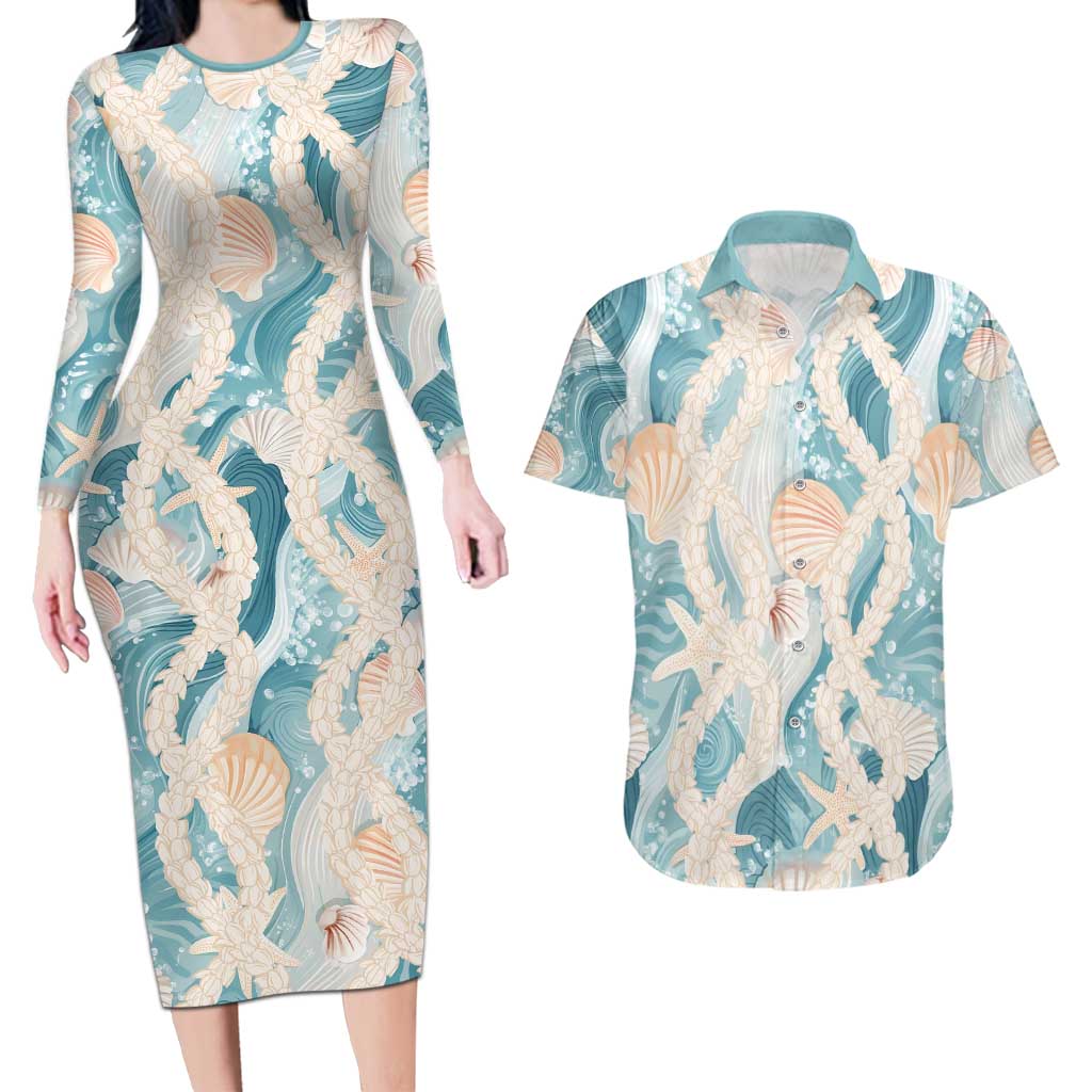 Hawaii Lei Seashells Starfish Couples Matching Long Sleeve Bodycon Dress and Hawaiian Shirt Fresh Summer Vibe - Polynesian Pride